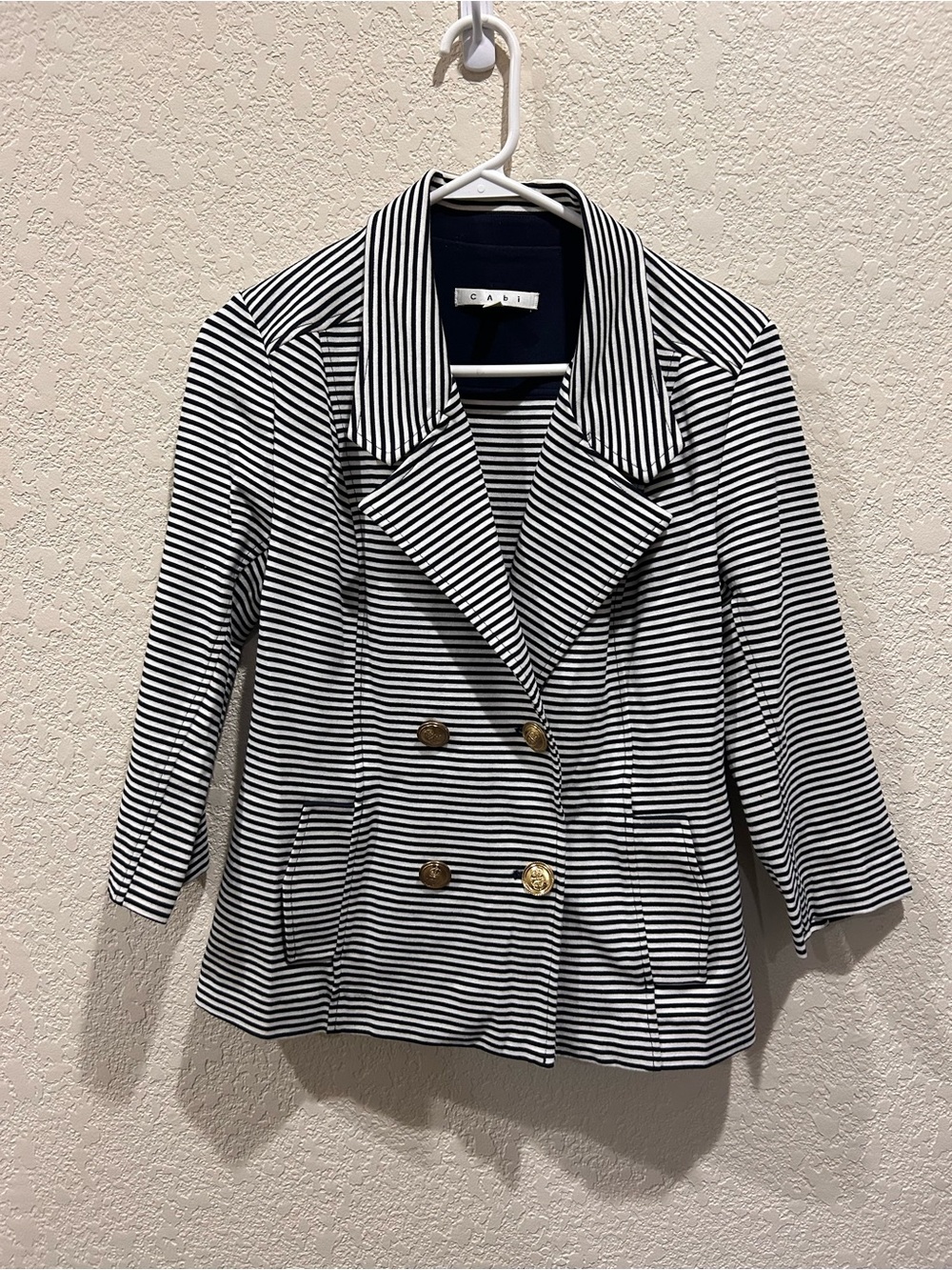 Cabi Nautical Navy Striped Double-Breasted Preppy Blazer with Gold Buttons